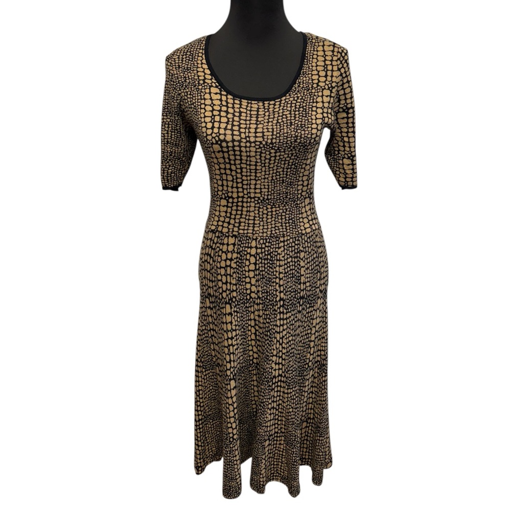 Carmen Marc Valvo L Brown Tan Knit Sheath Dress Scoop Neck